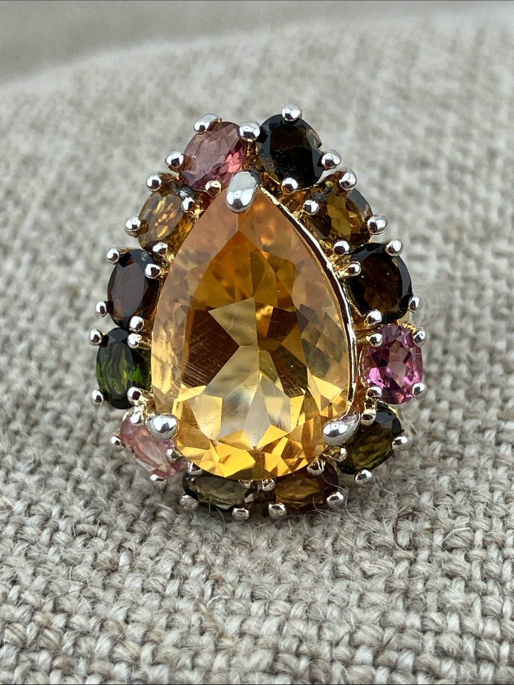 Golden Teardrop Cocktail Ring with Multicolor Accent Stones